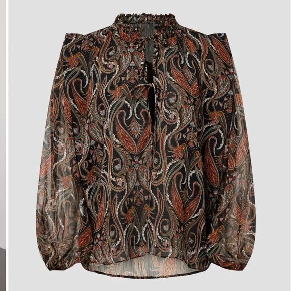 Misa Los Angeles Helena print Black Brown Puff sheer peasant Blouse NWT XXS - Picture 2 of 11